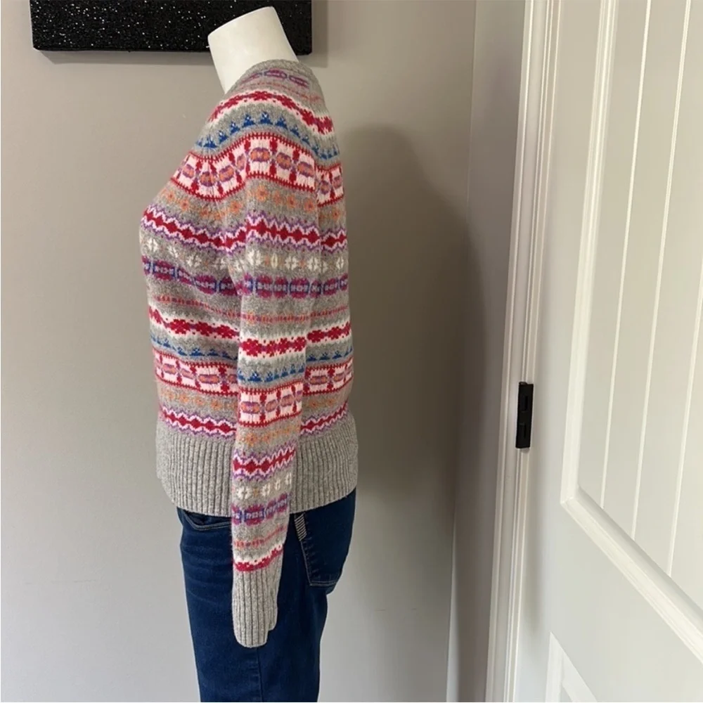 J Crew Womens Holly Fair Isle Wool Sweater Crewneck Grey Red White Sz S